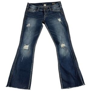 Silver Jeans Twisted Bootcut Jeans Womens 27x33 Blue Denim Distressed Raw Hem